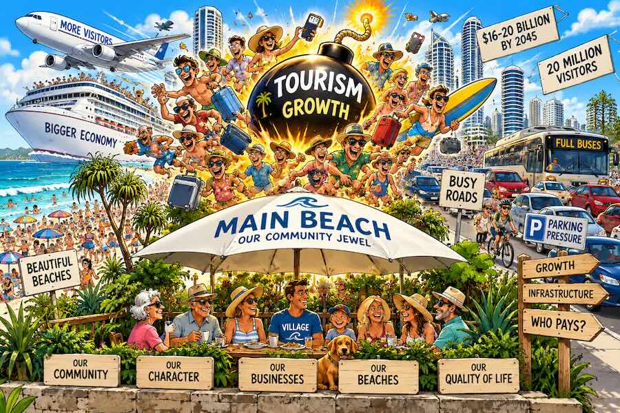 Illustration showing tourism growth and the pressures of increasing visitor numbers on the Main Beach community
